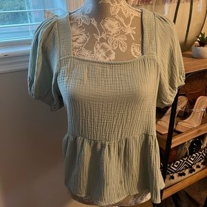 Sage Muslin Square neck muslin puff sleeve babydoll top